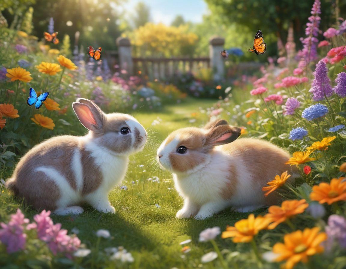A whimsical scene featuring playful bunnies frolicking in a colorful meadow, surrounded by cheerful, furry companions like puppies and kittens. The bunnies are depicted in various lively poses, with flowers blooming around them and butterflies fluttering in the air. Bright, joyful colors dominate the scene, creating a sense of happiness and warmth. Incorporate soft, sunlit ambiance to enhance the cheerful atmosphere. vibrant colors. super-realistic.