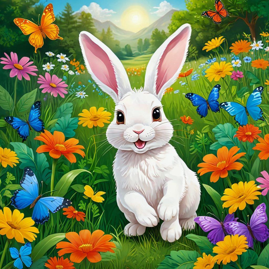 A joyful scene featuring a playful bunny in a vibrant meadow, surrounded by colorful flowers and butterflies. The bunny is hopping energetically, with a big, happy expression, while a few other bunnies frolic in the background. Soft sunlight illuminates the scene, adding warmth and a sense of happiness. Include elements that represent bunny care, such as carrots and fresh greens nearby. cartoon style. bright colors. whimsical atmosphere.