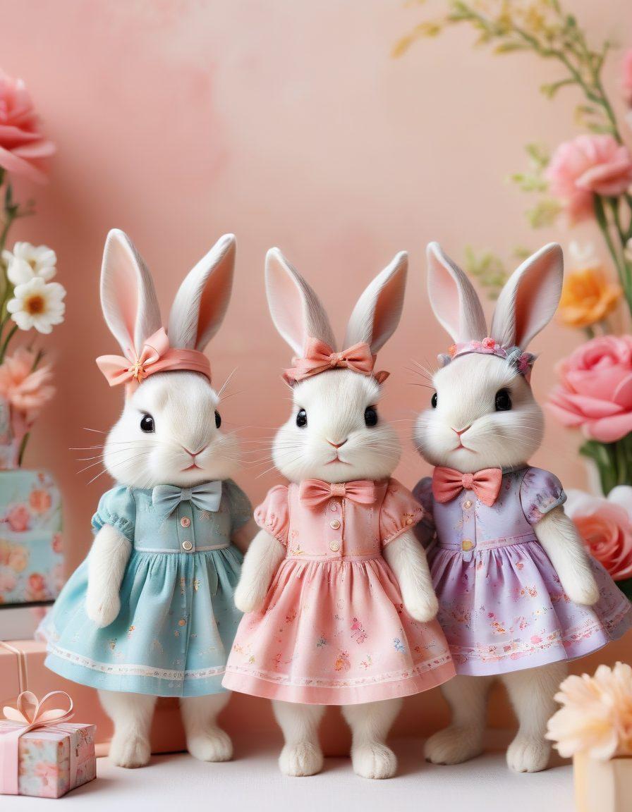 A whimsical scene featuring adorable bunnies in fashionable outfits, surrounded by playful decorations inspired by bunny culture. Incorporate colorful gifts, floral patterns, and soft pastels to evoke a sense of joy and warmth. Set against a light backdrop to enhance the vibrant details of the bunnies and their accessories. Capture a sense of playful elegance and charm. super-realistic. vibrant colors. soft focus.
